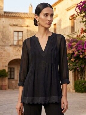 Sandra Angelozzi Women's Boho Whimsigoth Sheer Black Silk V-neck Blouse Size M
